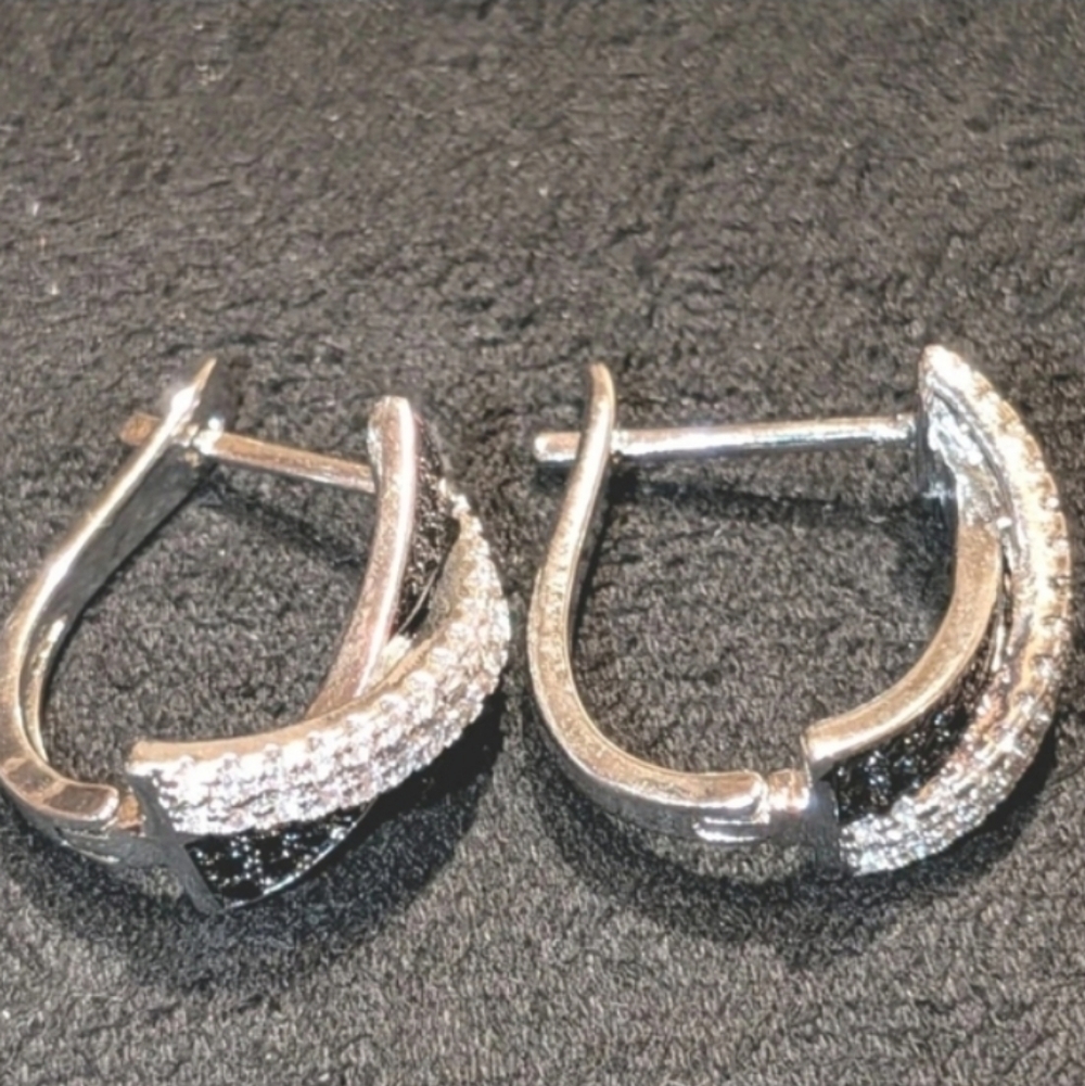 Lab Created Black Diamond Cluster Crossover Hoop Earrings 14k White Gold Plated - Picture 5 of 16